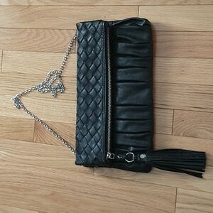 Faux Leather Black Quilted Clutch with Tassel and chain link shoulder strap